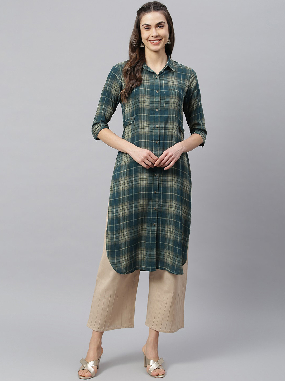 

HK colours of fashion Women Green & Beige Checked Georgette Pathani Kurta
