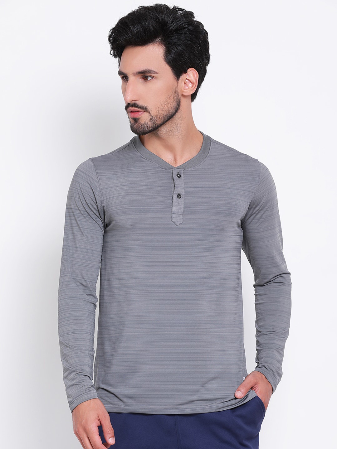 

Turtle Men Grey Striped Henley Neck T-shirt