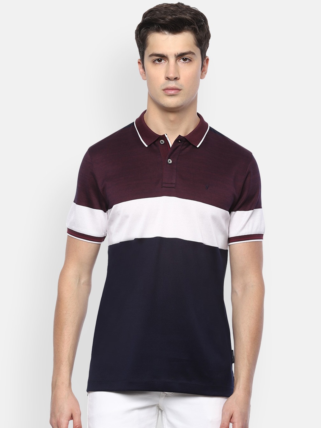 

Van Heusen Sport Men Navy Blue & Burgundy Colourblocked Polo Collar T-shirt