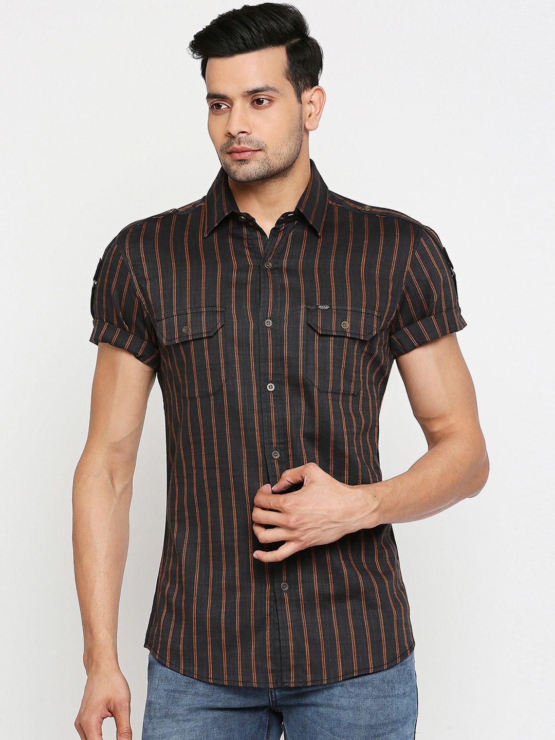 

Mufti Men Black & Red Slim Fit Striped Pure Cotton Casual Shirt