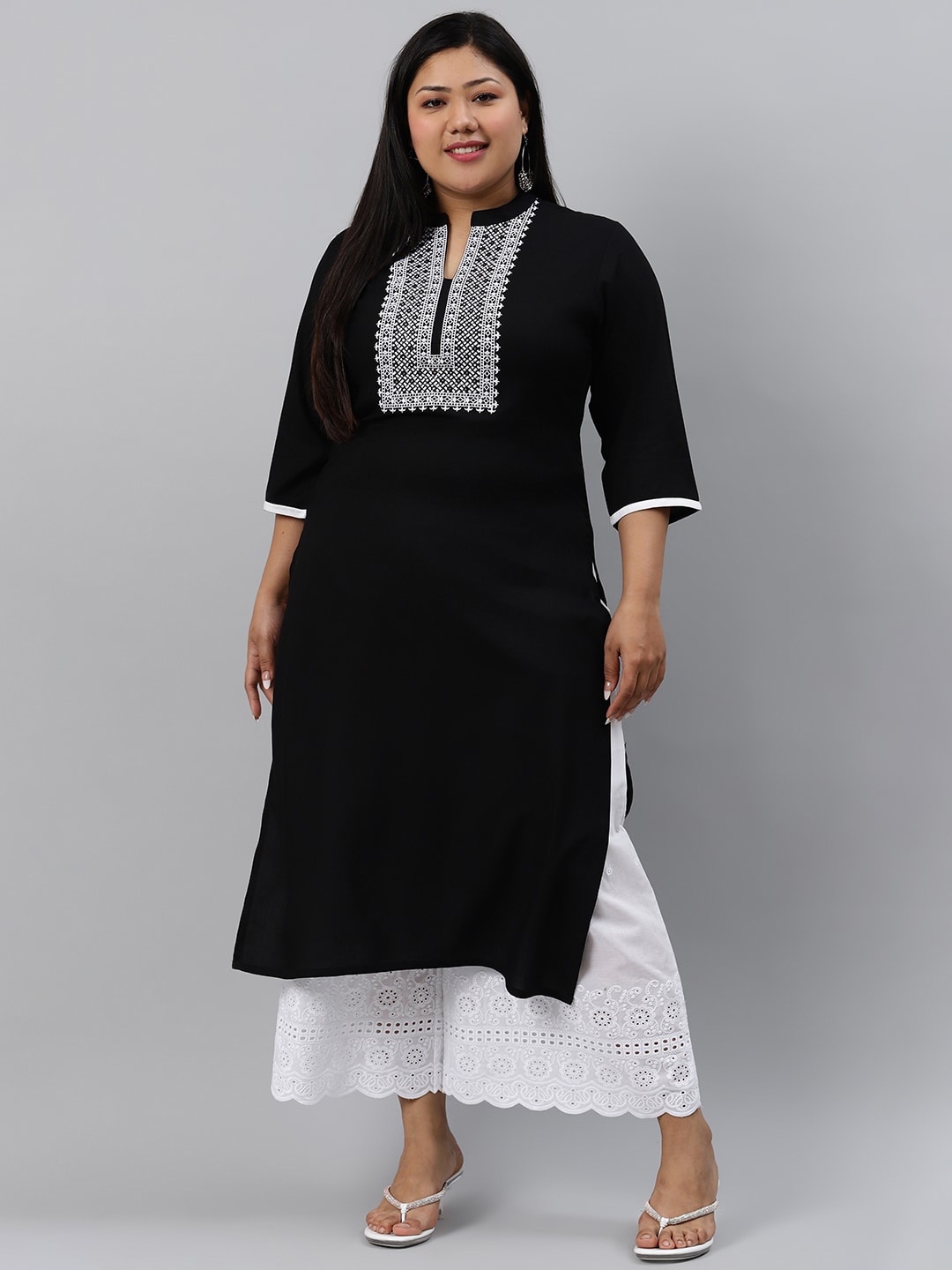 

EXTRA LOVE BY LIBAS Women Plus Size Black Ethnic Motifs Yoke Design Kurta