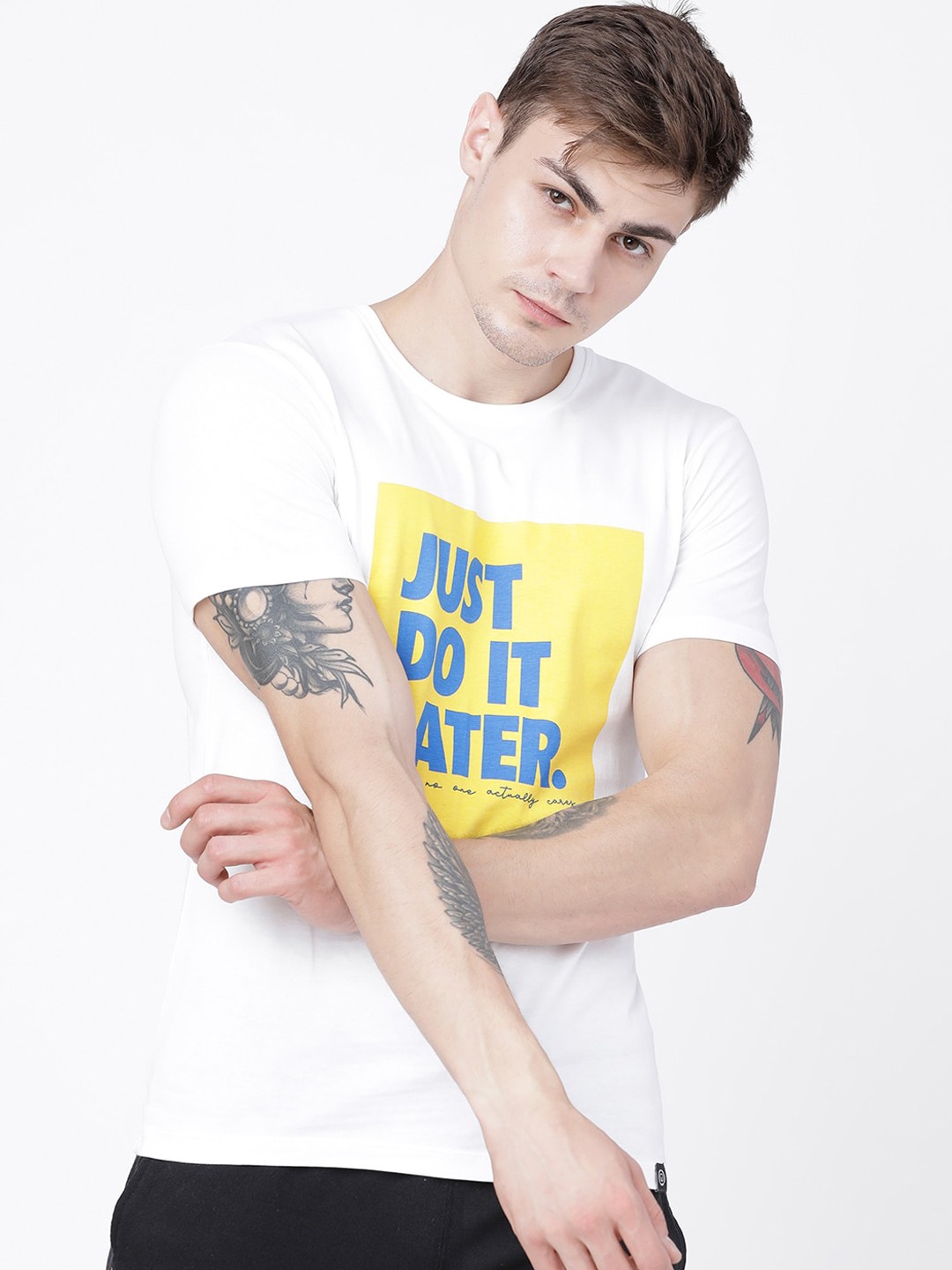 LOCOMOTIVE Men White & Yellow Cotton Printed Round Neck T-shirt