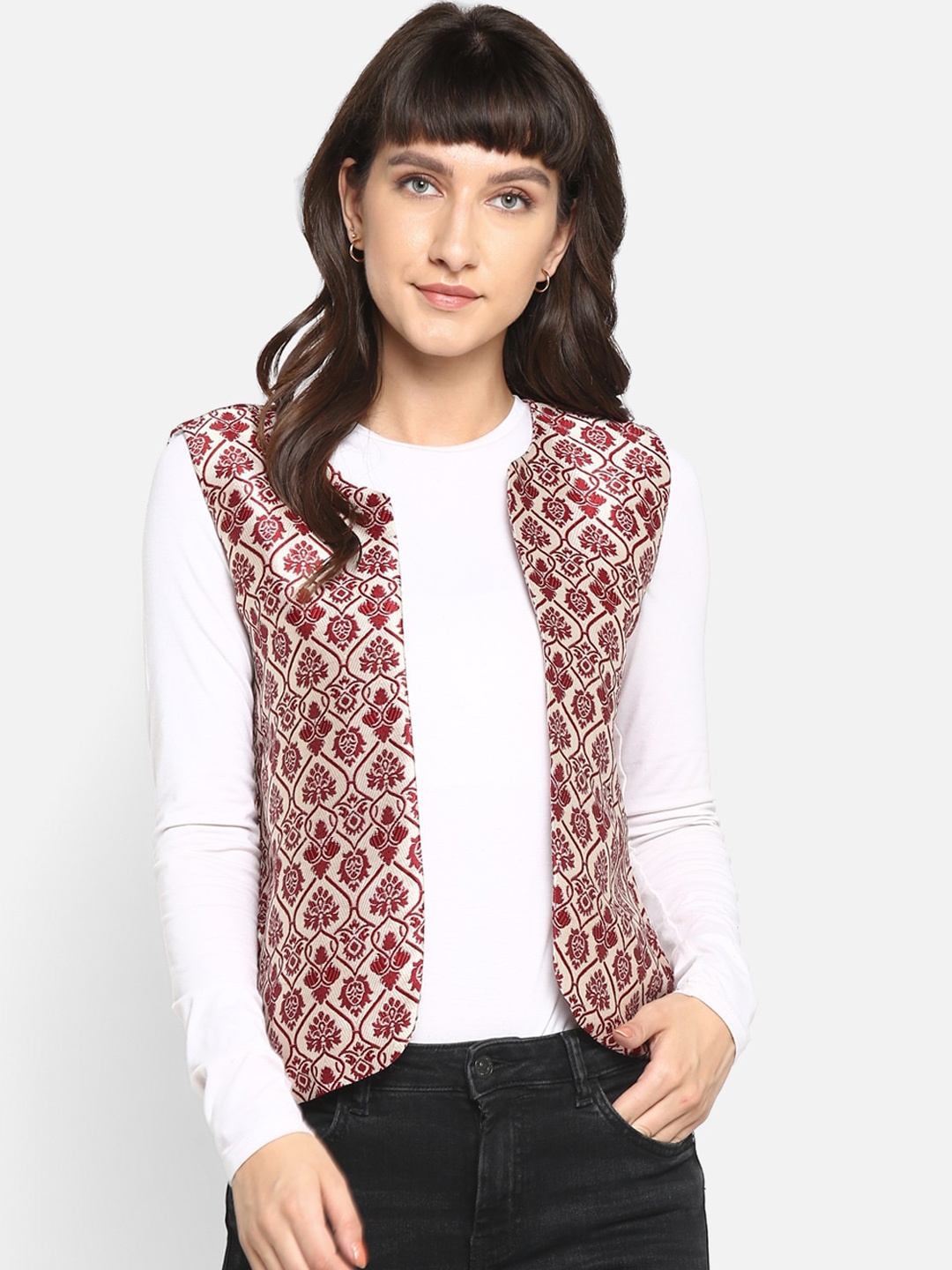 

Hangup Women Maroon & Beige Woven Design Open Front Jacket