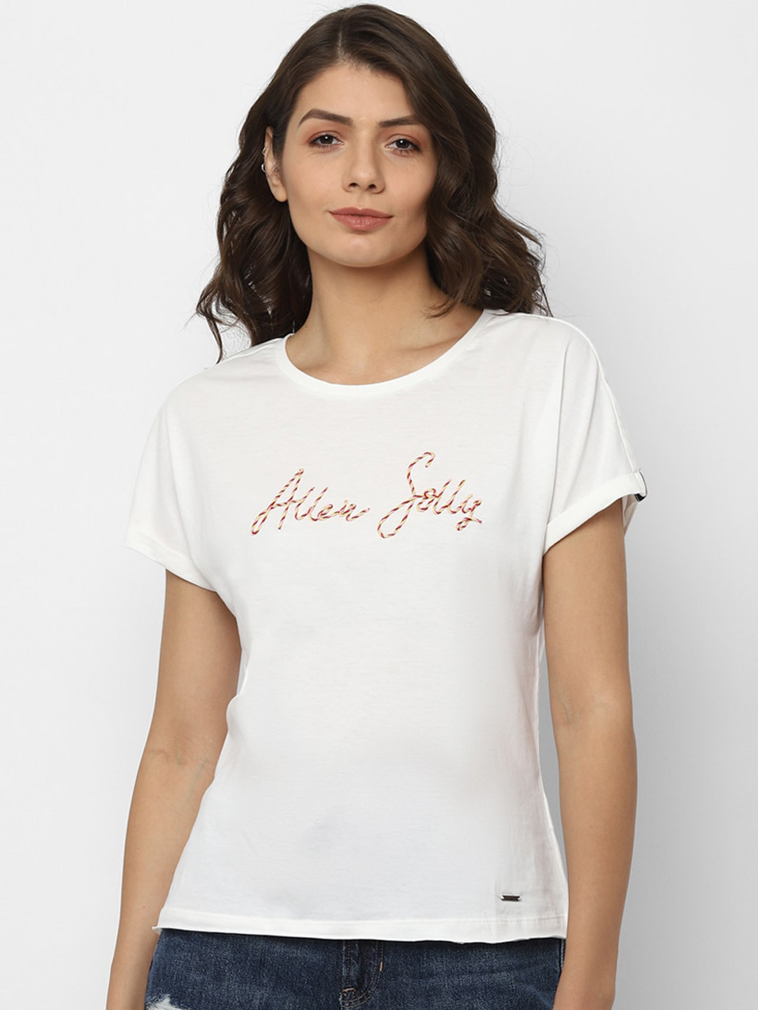 

Allen Solly Women White & Red Brand Logo Embroidered Cotton T-shirt
