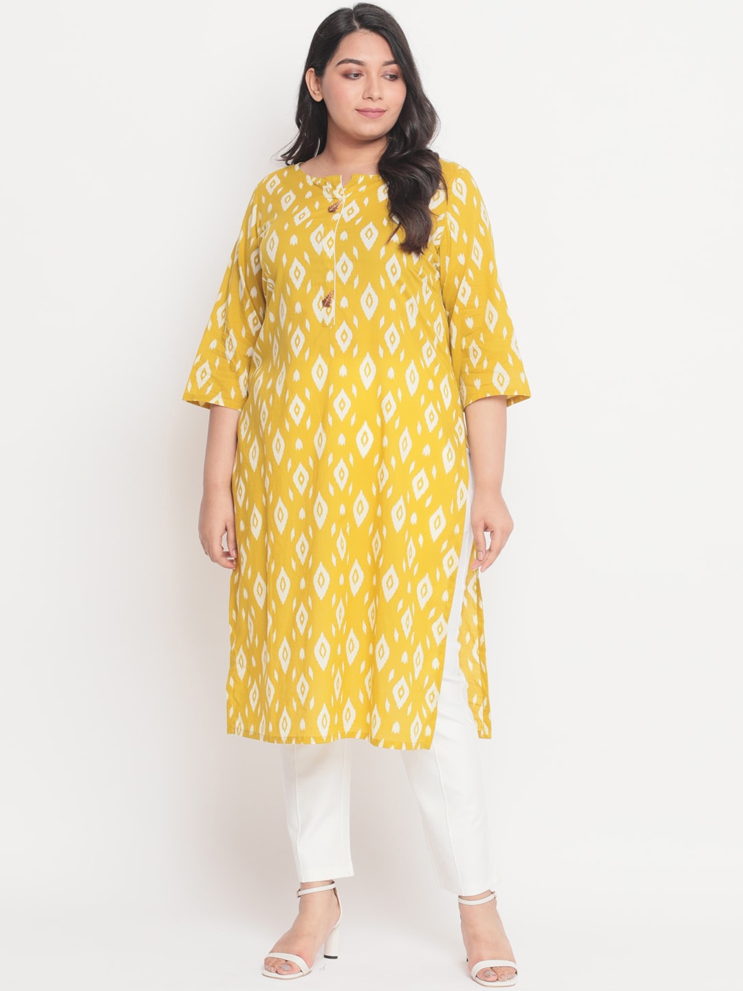 

Amydus Plus Size Women Yellow & White Ethnic Motifs Printed Kurta