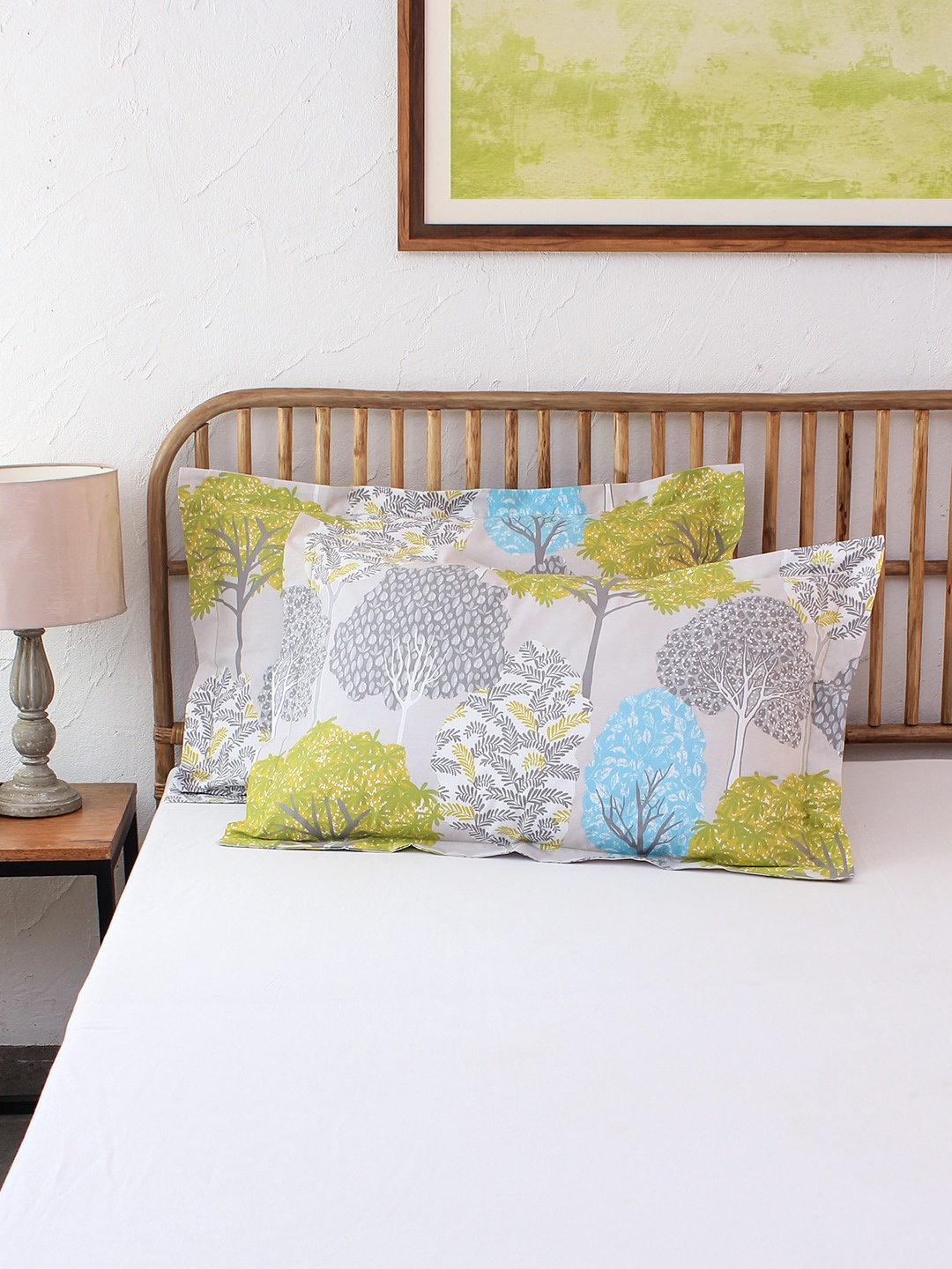 

House This Set Of 2 White & Green Printed This Saptaparni Pillow Covers