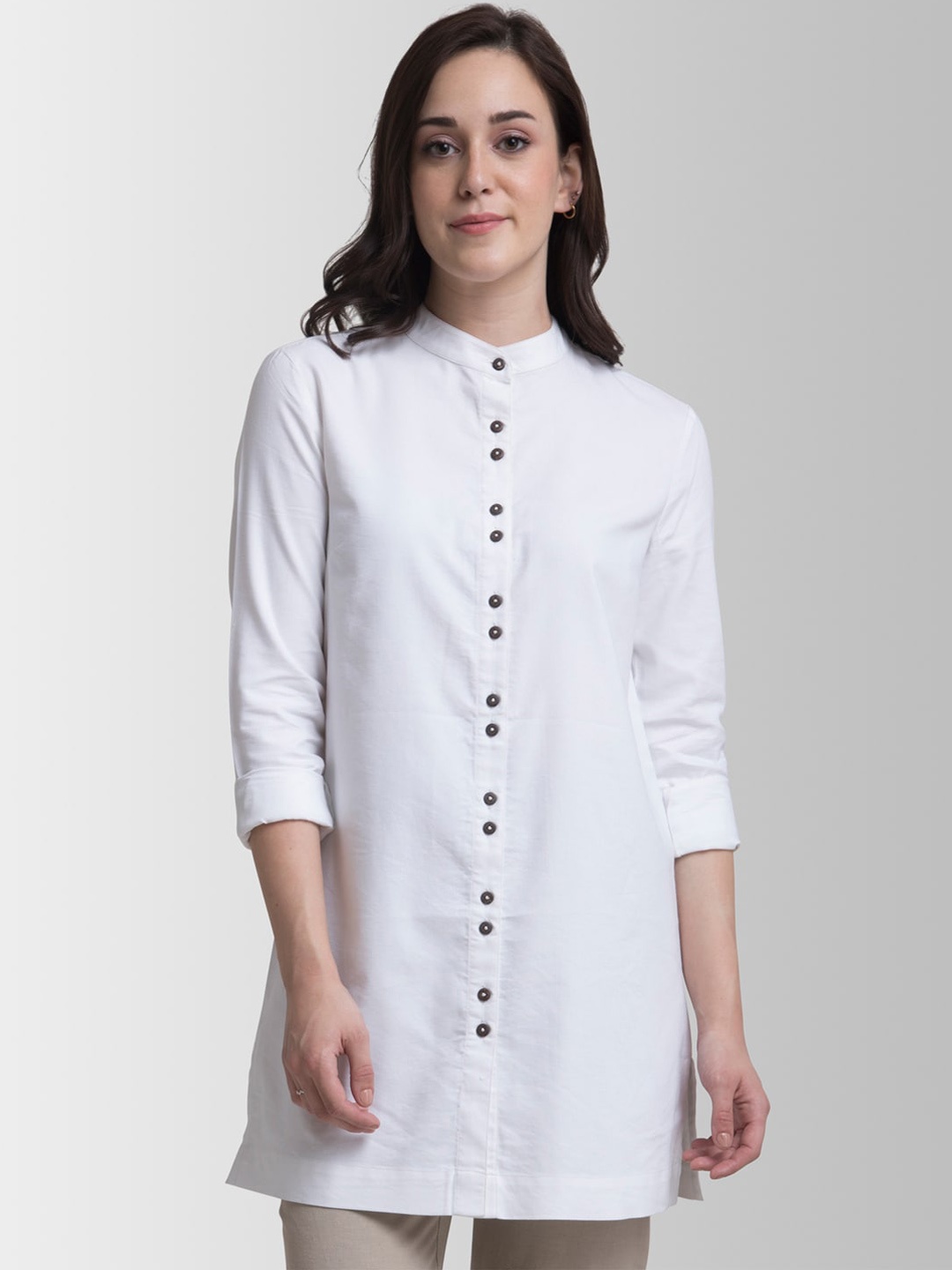 

FableStreet White Mandarin Collar Pure Cotton A-Line Longline Top