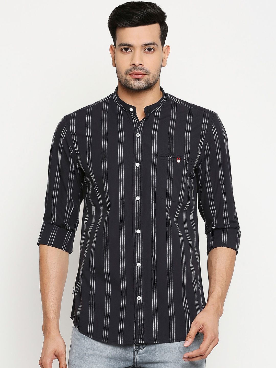 

Mufti Men Black Slim Fit Striped Pure Cotton Casual Shirt
