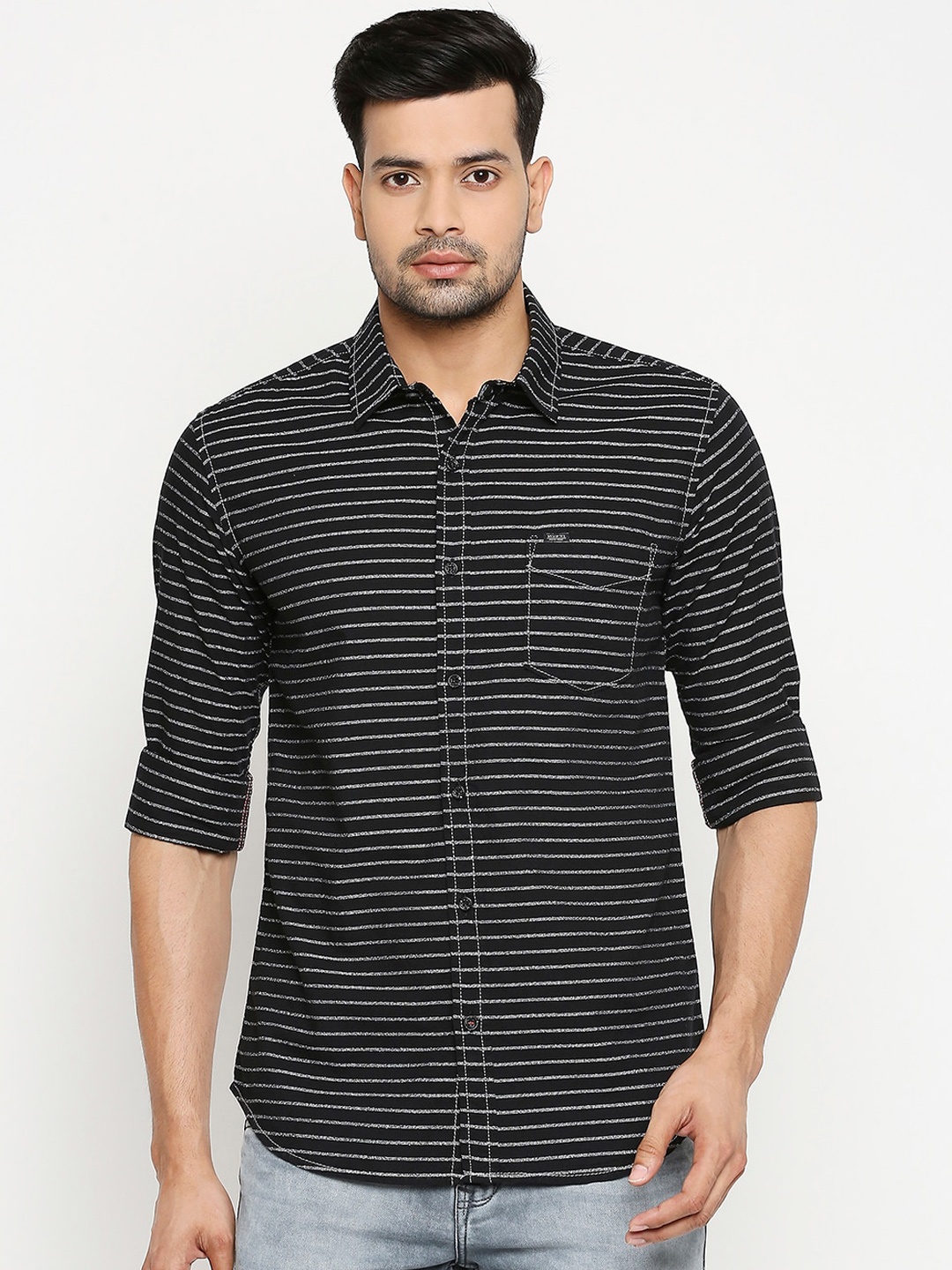 

Mufti Men Black & Grey Slim Fit Striped Casual Shirt