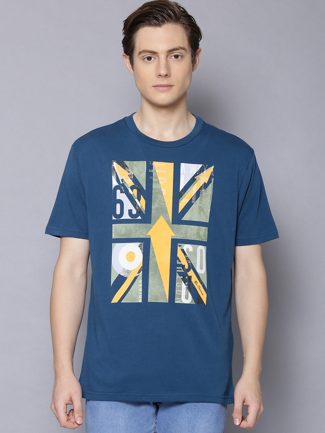 

BEN SHERMAN Men Blue & Yellow Graphic Printed Cotton T-shirt