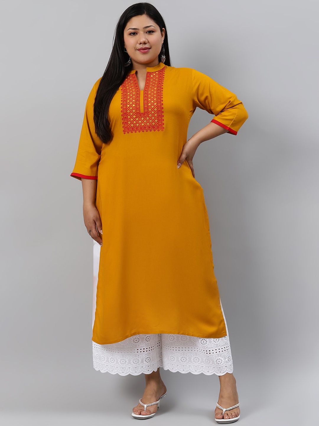 

EXTRA LOVE BY LIBAS Women Plus Size Yellow & Red Yoke Design Kurta