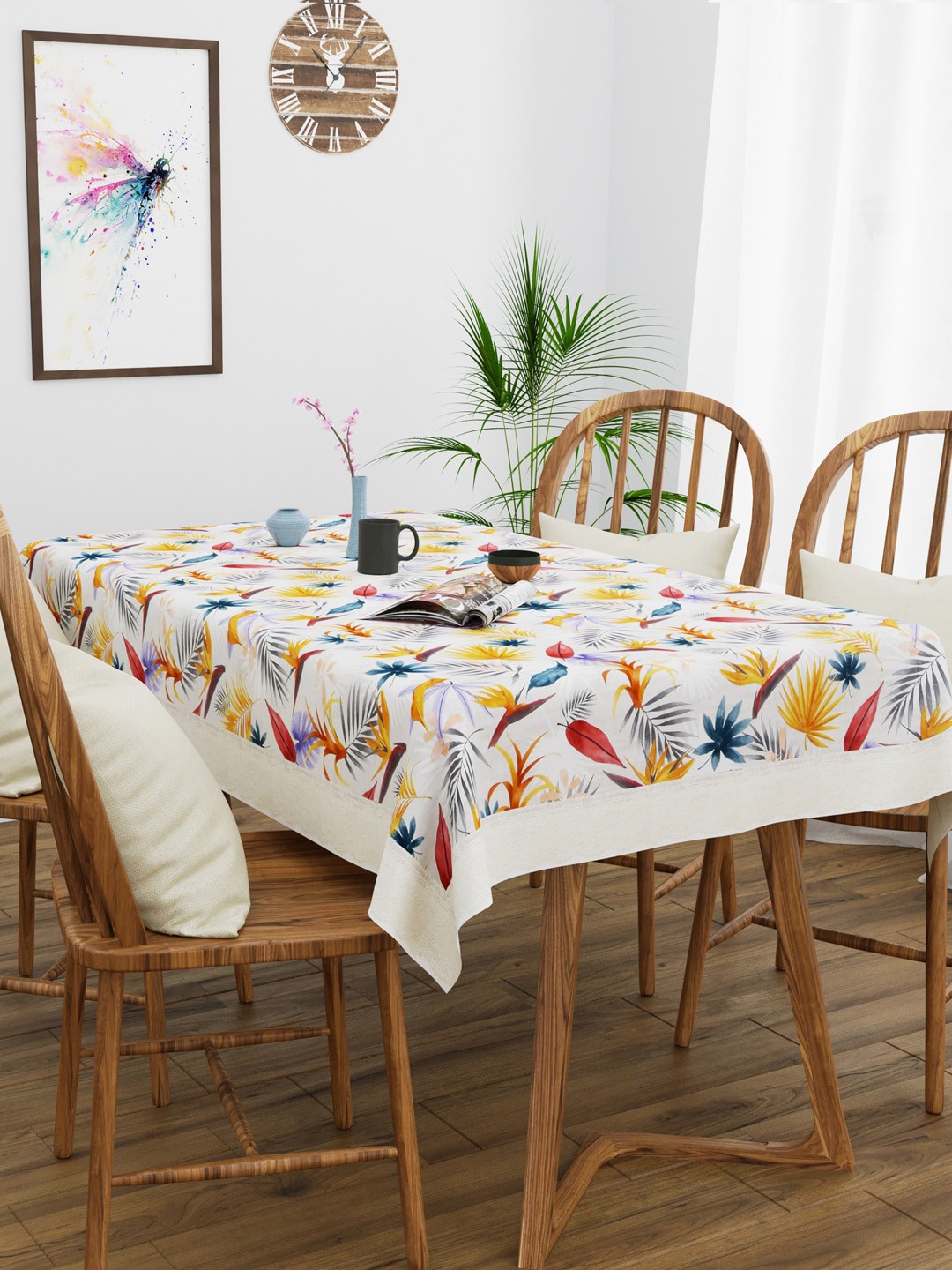 

Clasiko Unisex White & Mustard Yellow Floral Printed 4-Seater Anti-Slip PVC Table Cover