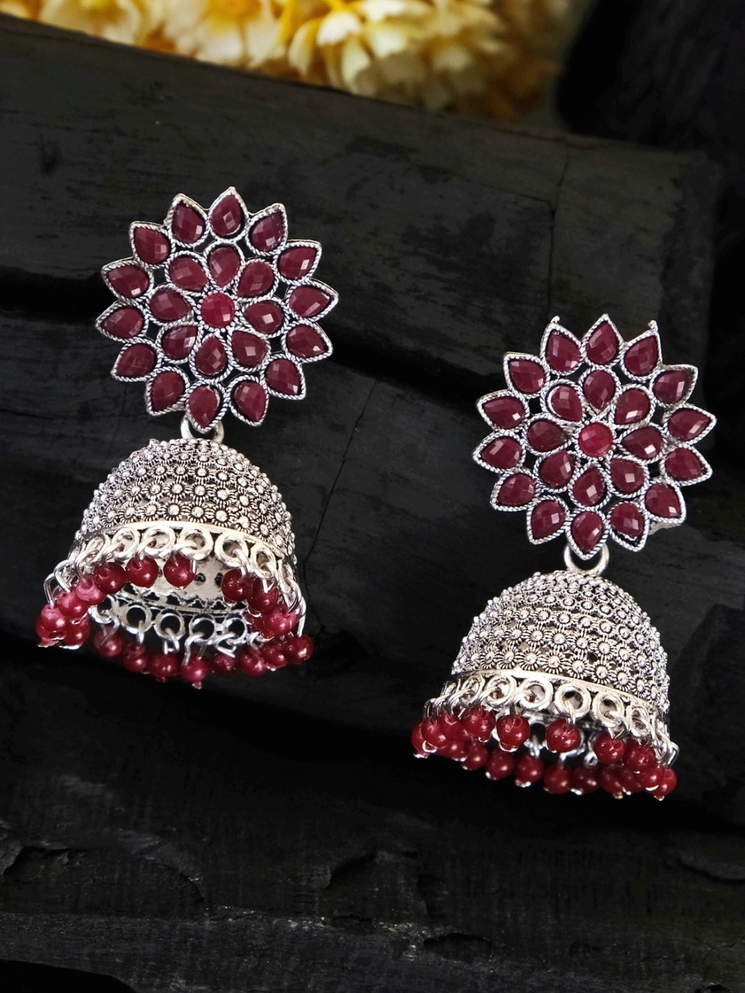 

Crunchy Fashion Maroon Oxidized Silver-Plated Studded Dome Shaped Jhumkas