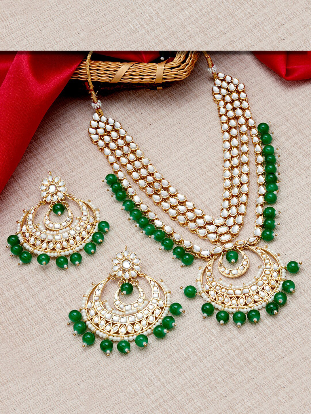 

Sukkhi Gold-Plated Green & White Kundan Studded & Pearl-Beaded Multi-String Necklace & Earrings