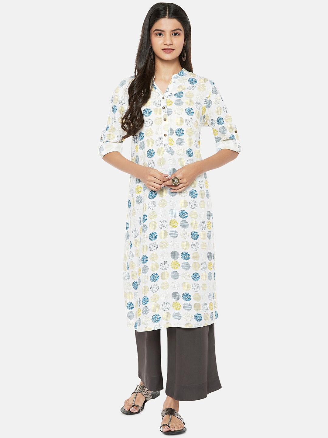 

RANGMANCH BY PANTALOONS Women Off White Geometric Checked Kurta