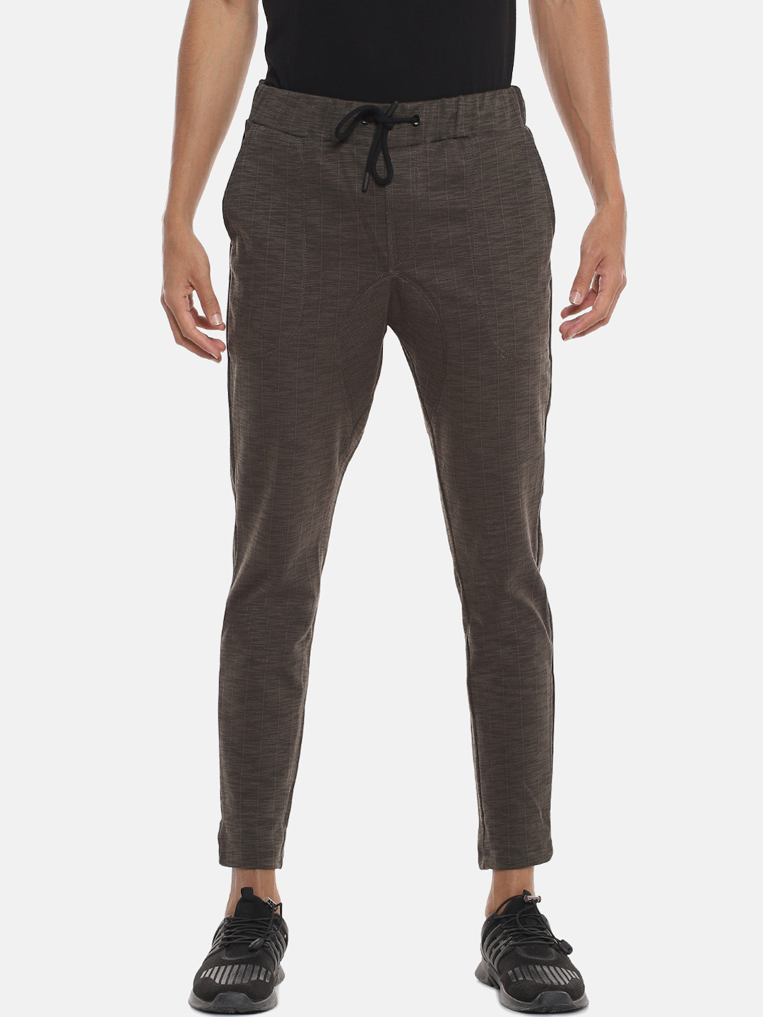 

Campus Sutra Men Brown Striped Straight-Fit Cotton Track Pants