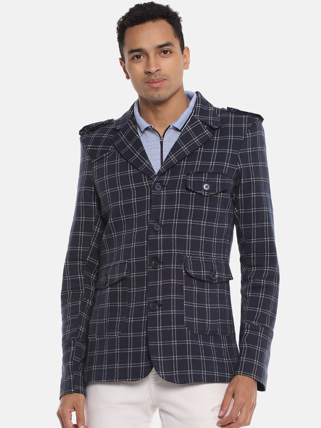 

Campus Sutra Men Navy Blue & White Checked Single-Breasted Casual Blazer