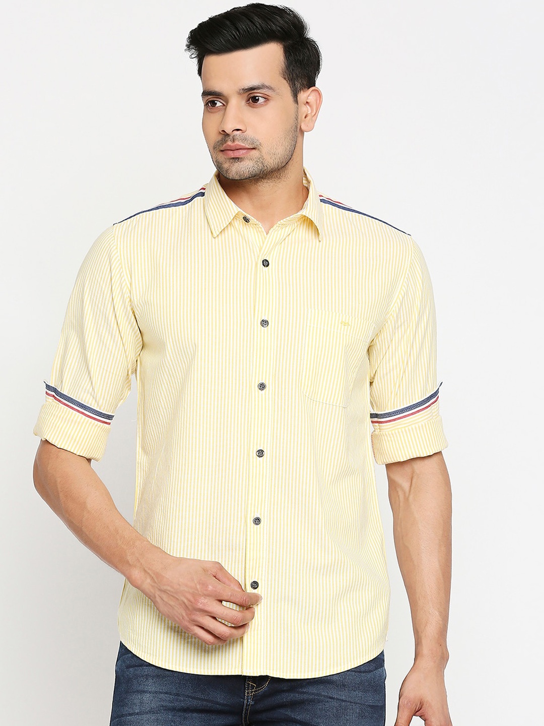 

Mufti Men Yellow & White Pure Cotton Slim Fit Striped Casual Shirt