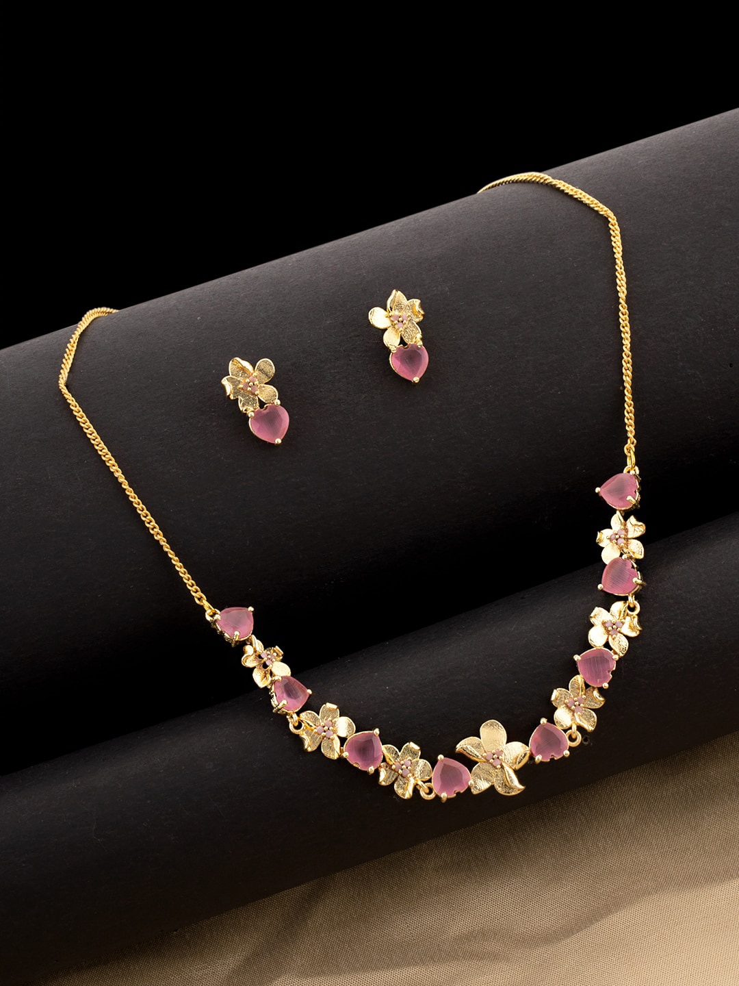 Voylla Gold-Plated Pink Stone-Studded Jewellery Set