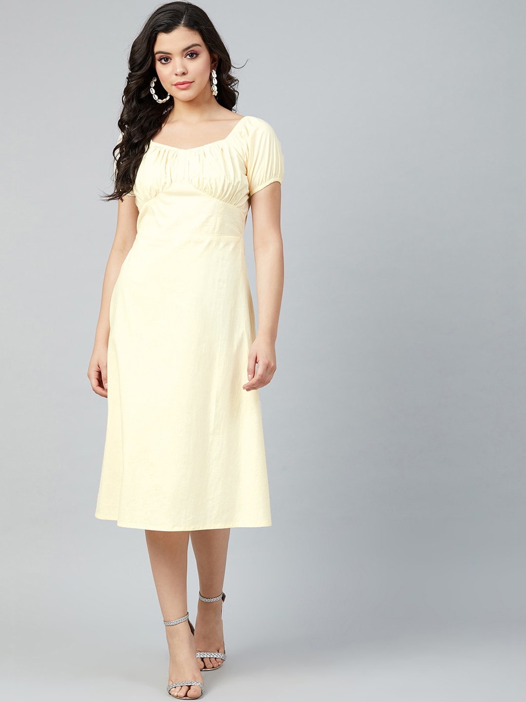 

Athena Women Yellow Solid Cotton A-Line Dress with Gathers