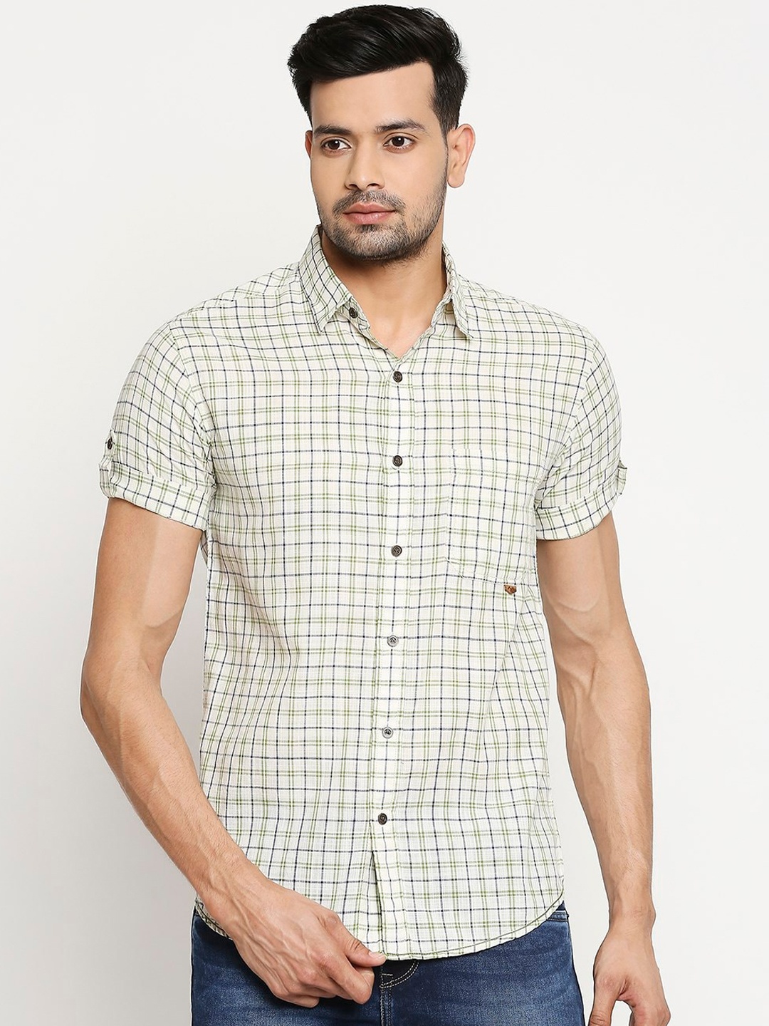 

Mufti Men Beige Slim Fit Checked Pure Cotton Casual Shirt