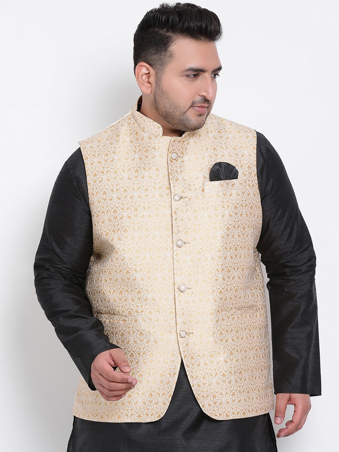 

Hangup Men Beige & Gold Woven-Design Formal Nehru Jacket
