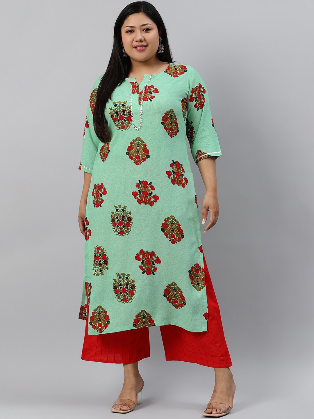 

EXTRA LOVE BY LIBAS Women Plus Size Sea Green & Red Floral Printed Kurta