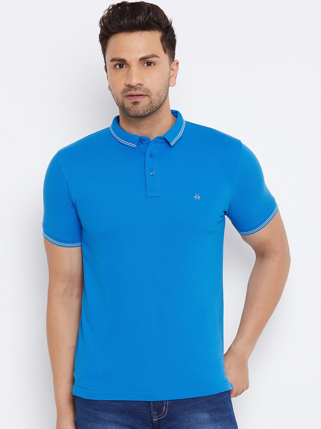 

Crimsoune Club Men Blue Solid Polo Collar Cotton T-shirt