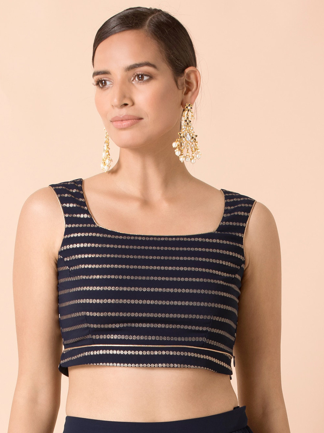 

INDYA Blue & Gold-Toned Striped Georgette Fitted Crop Top