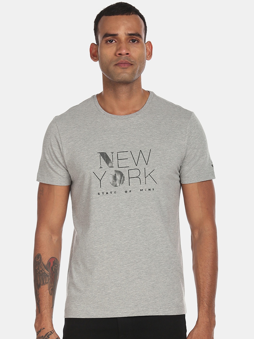 

Arrow New York Men Grey Melange Printed Round Neck T-shirt
