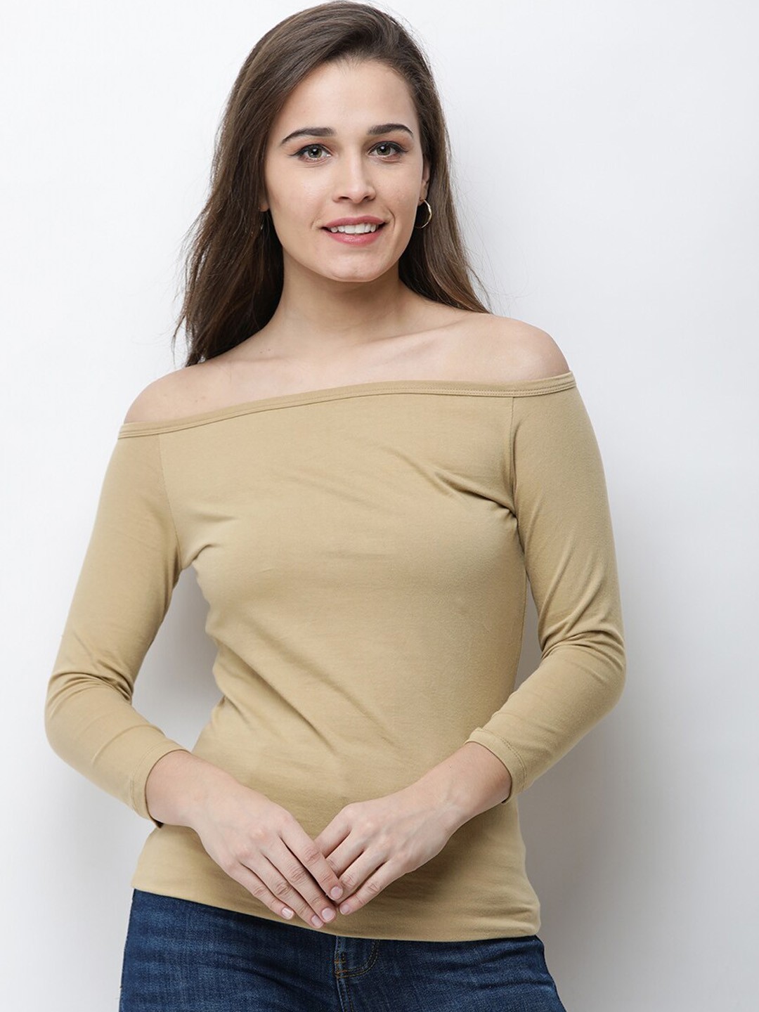 

Cation Beige Off-Shoulder Pure Cotton Regular Top