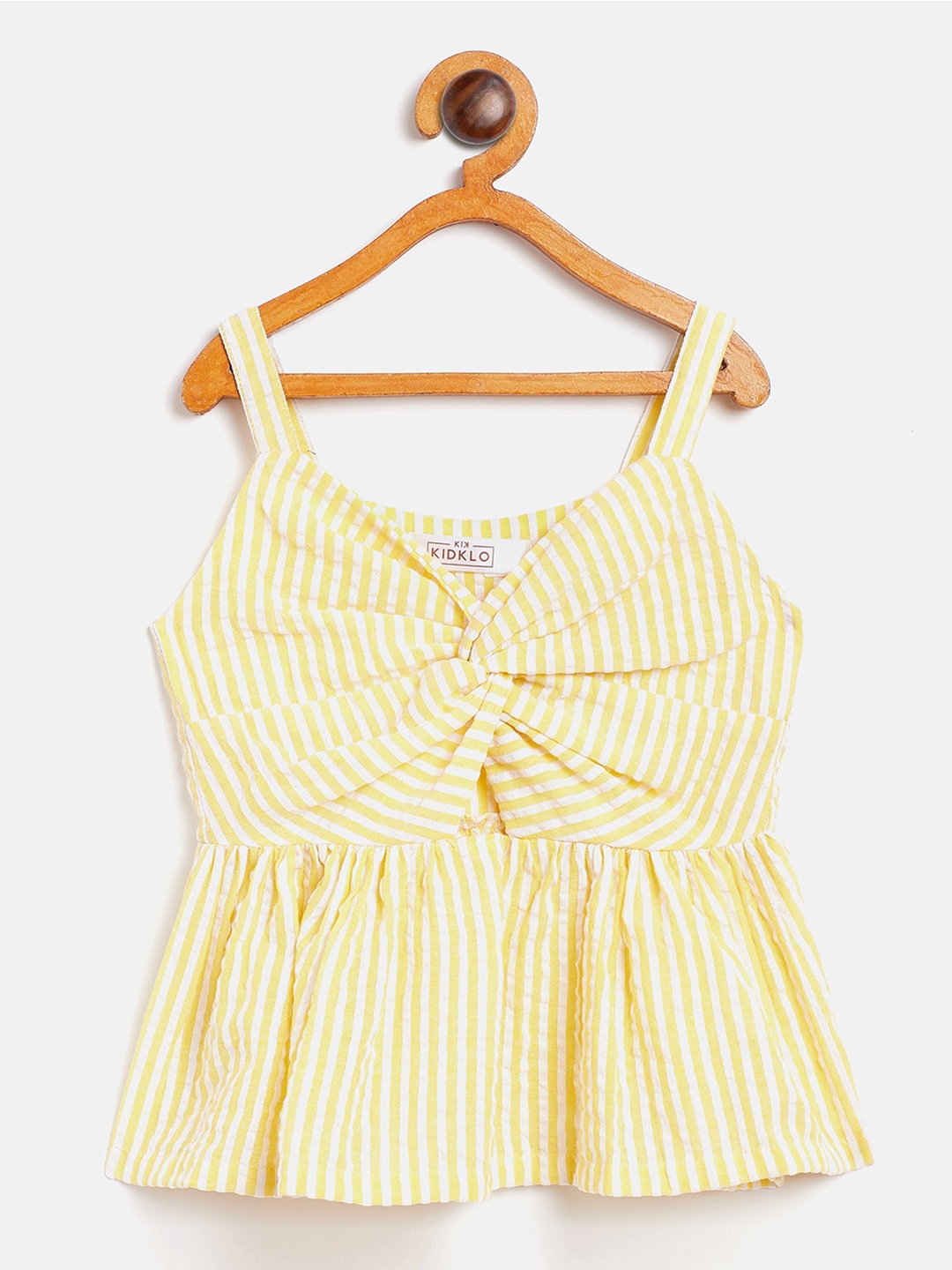 

KIDKLO Girls Yellow & White Striped Twisted Pure Cotton Peplum Top