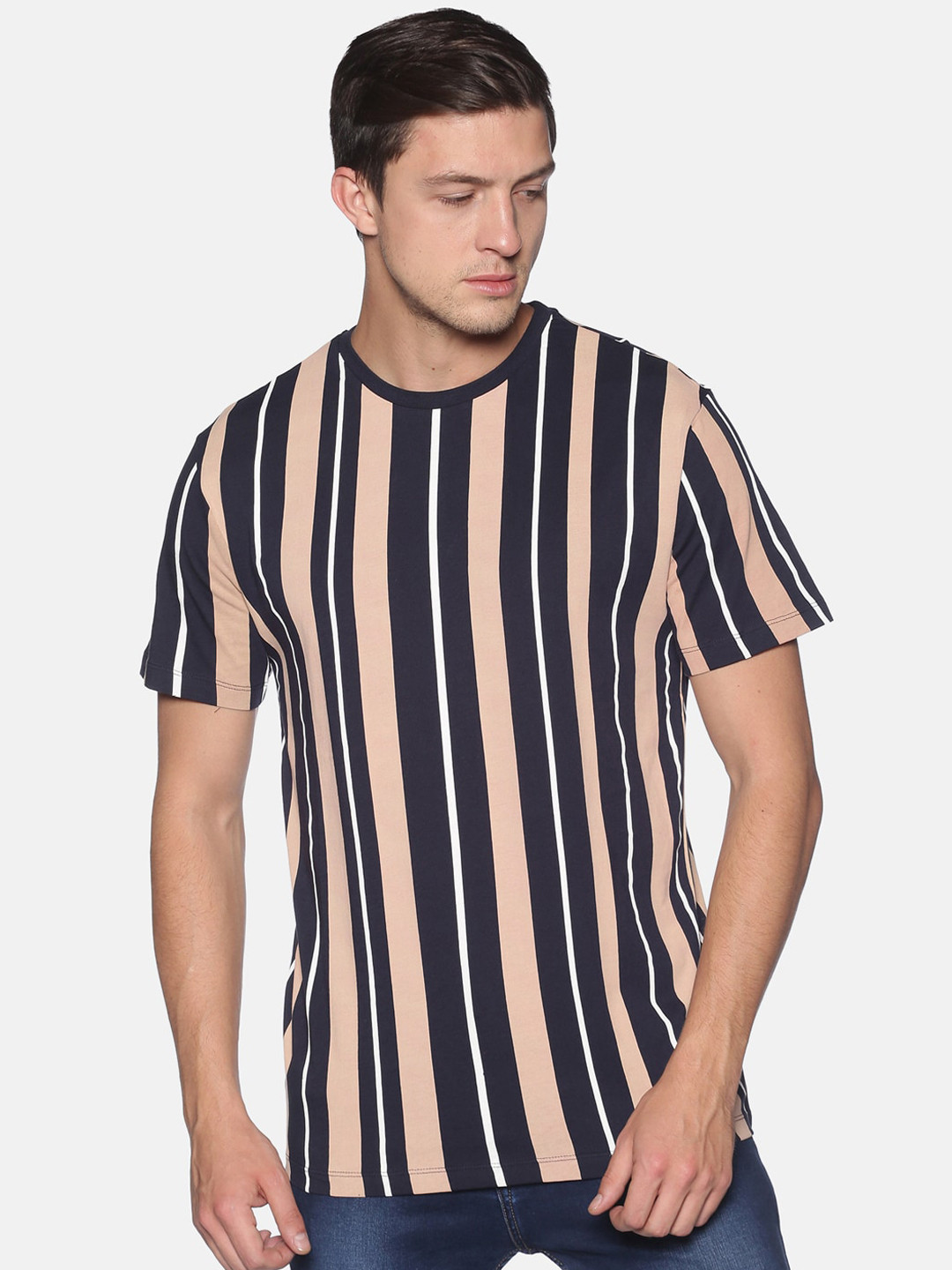 

UrGear Men Navy Blue Striped Round Neck Pure Cotton T-shirt