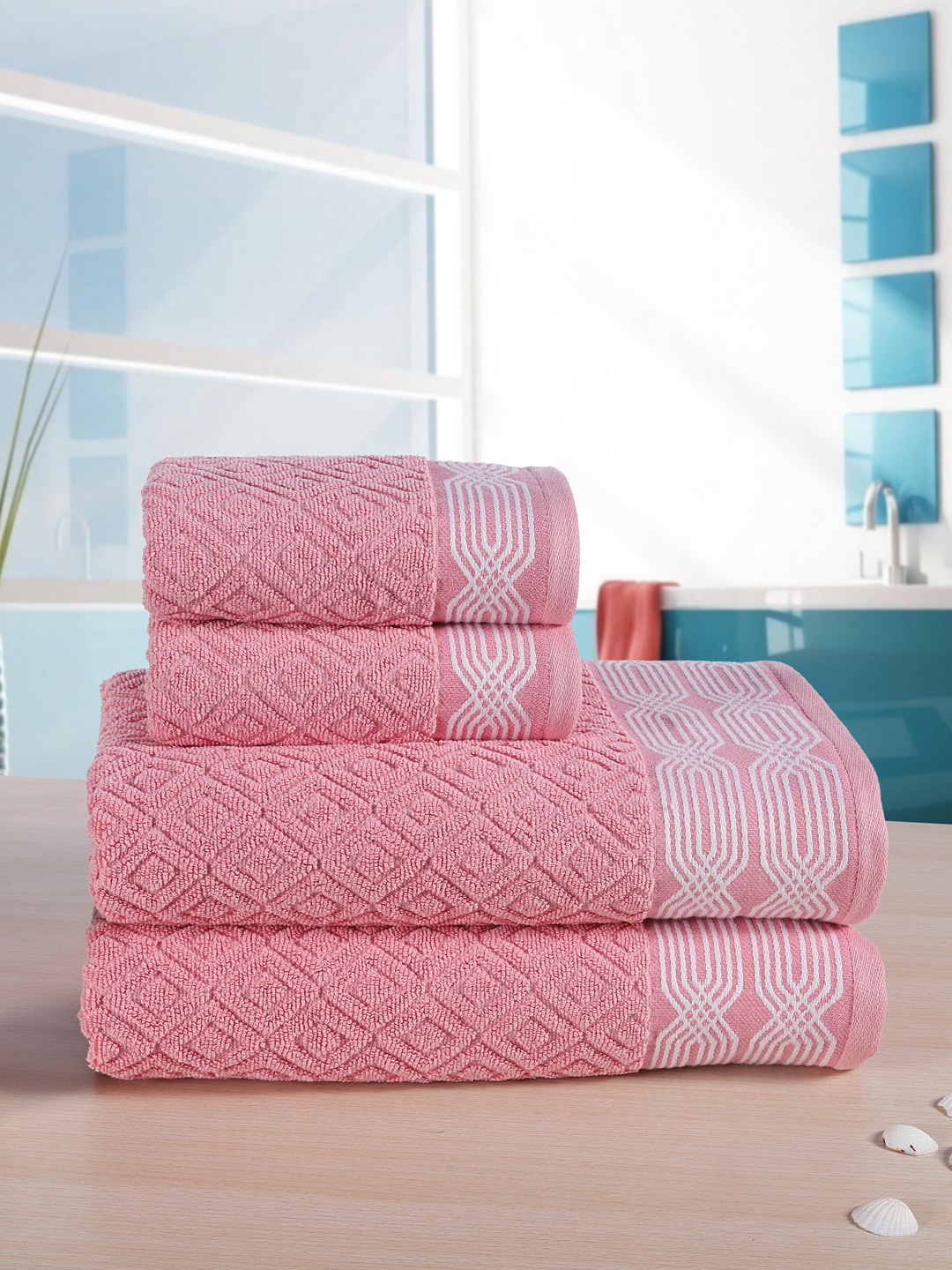 RANGOLI Set Of 4 Peach-Coloured & White Self Design 500 GSM Towels