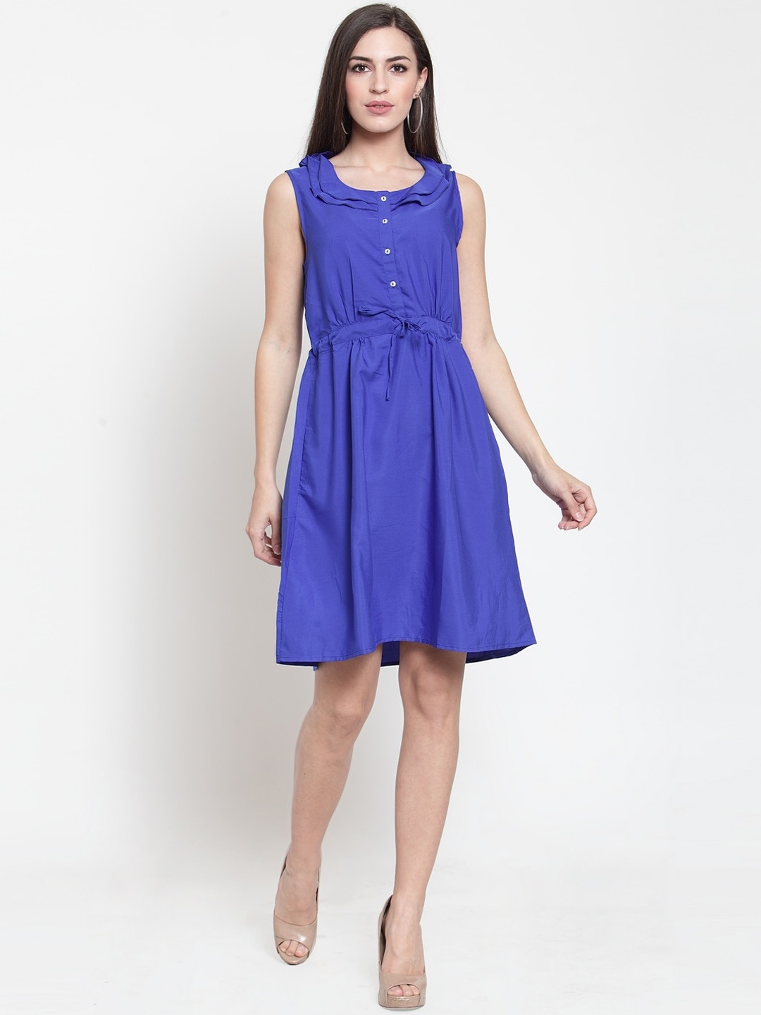 

Purple State Women Blue Solid Fit and Flare Dress