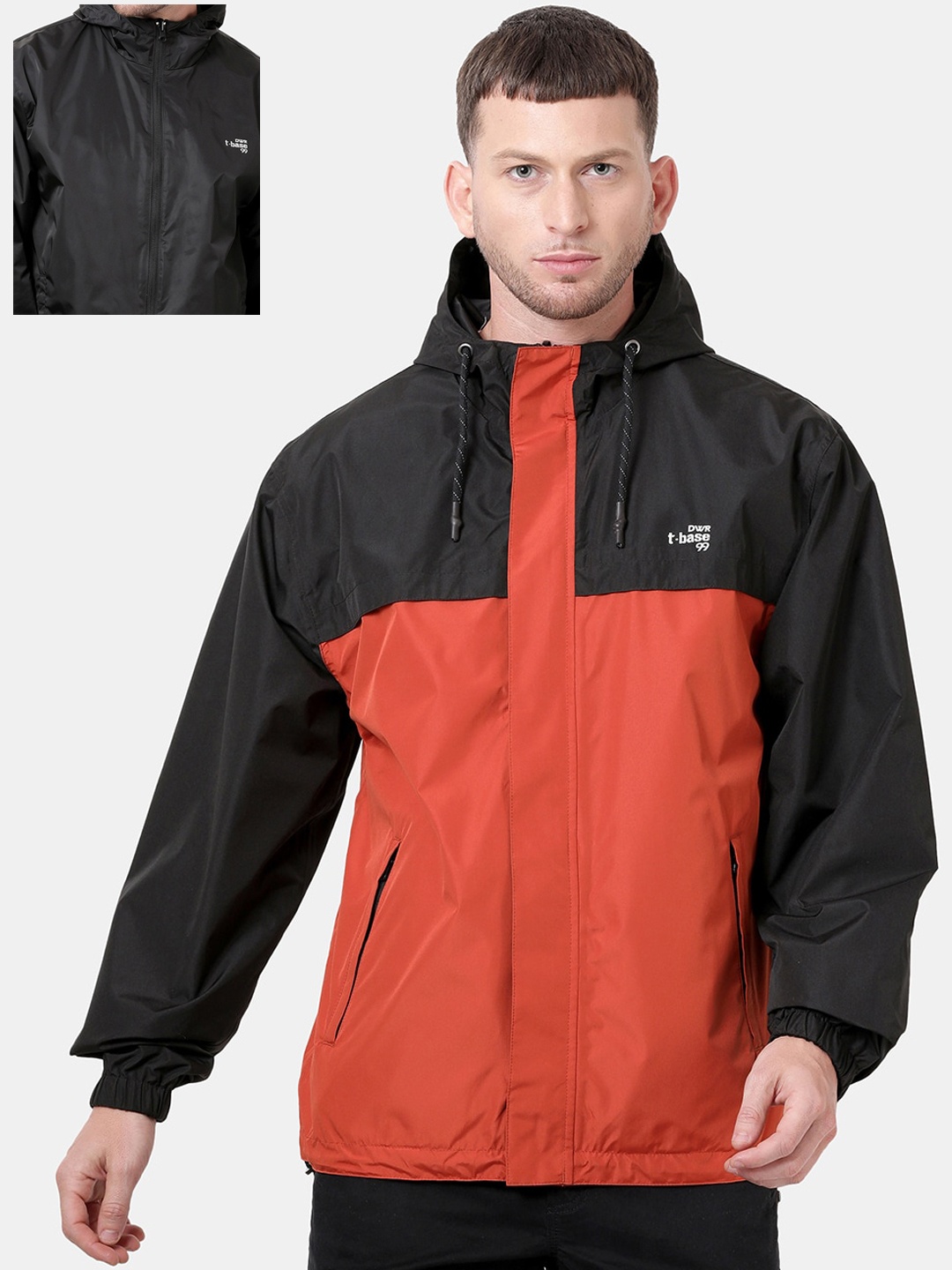

t-base Men Men Black & Orange Waterproof Reversible Rainwear Jacket