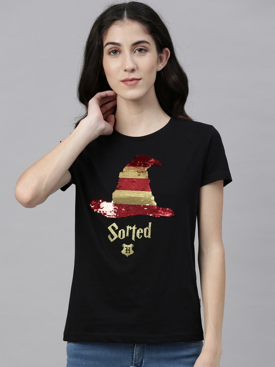 

Snarky Gal Women Black Flip Sequinned Round Neck Cotton T-shirt