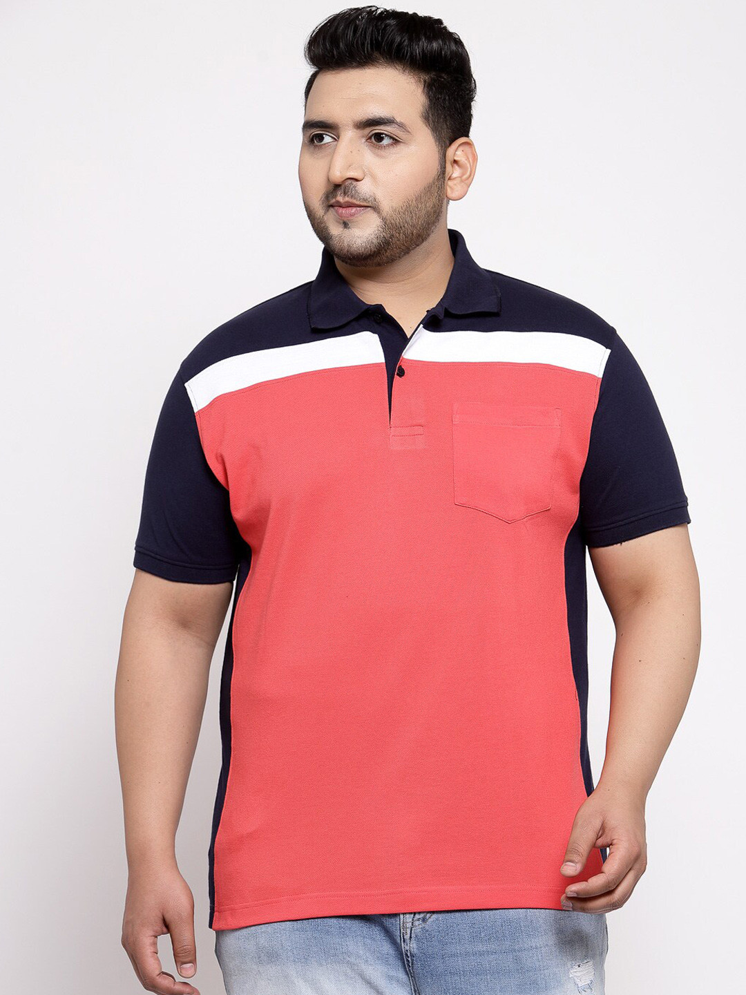 

plusS Men Plus Size Coral Pink & Navy Blue Colourblocked Polo Collar T-shirt