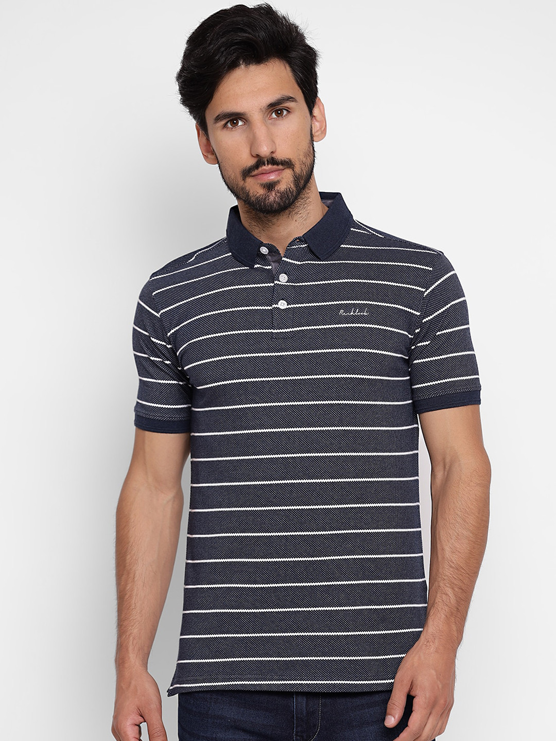 

Richlook Men Navy Blue & White Striped Polo Collar T-shirt