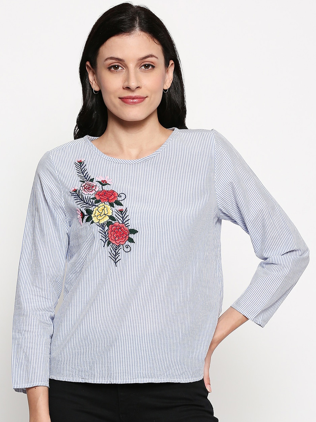 

People Blue Striped Pure Cotton Regular Top