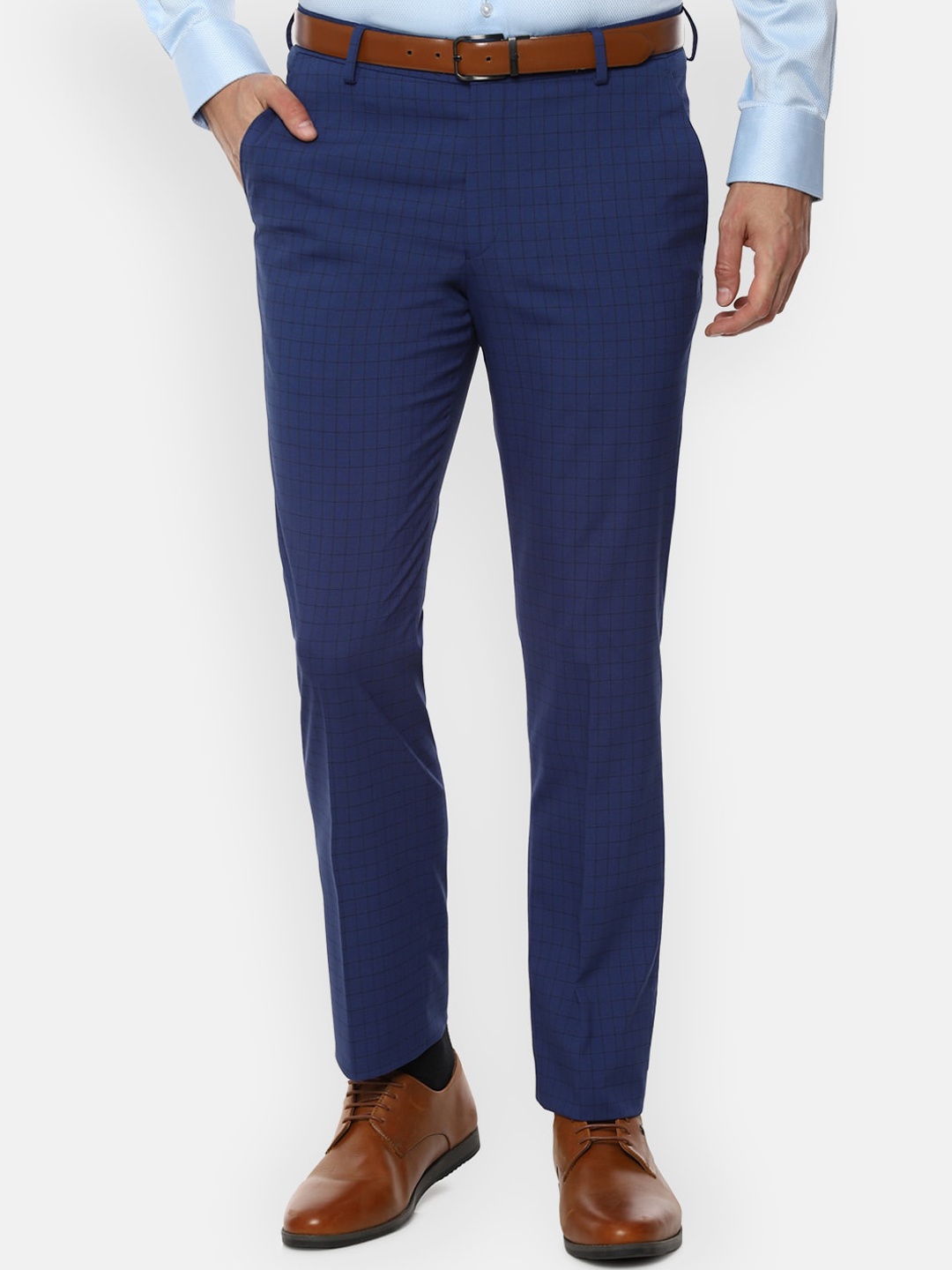 

Louis Philippe Men Navy Blue & Black Slim Fit Checked Formal Trousers