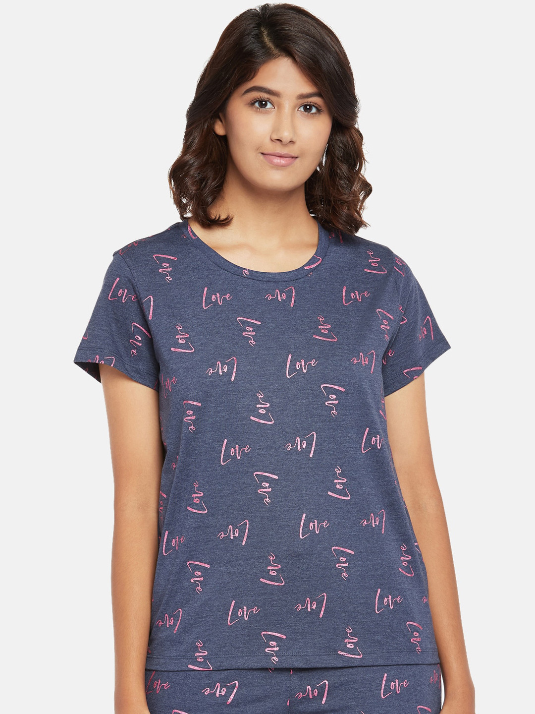 

Dreamz by Pantaloons Navy Blue Printed Pure Cotton Regular Lounge tshirt