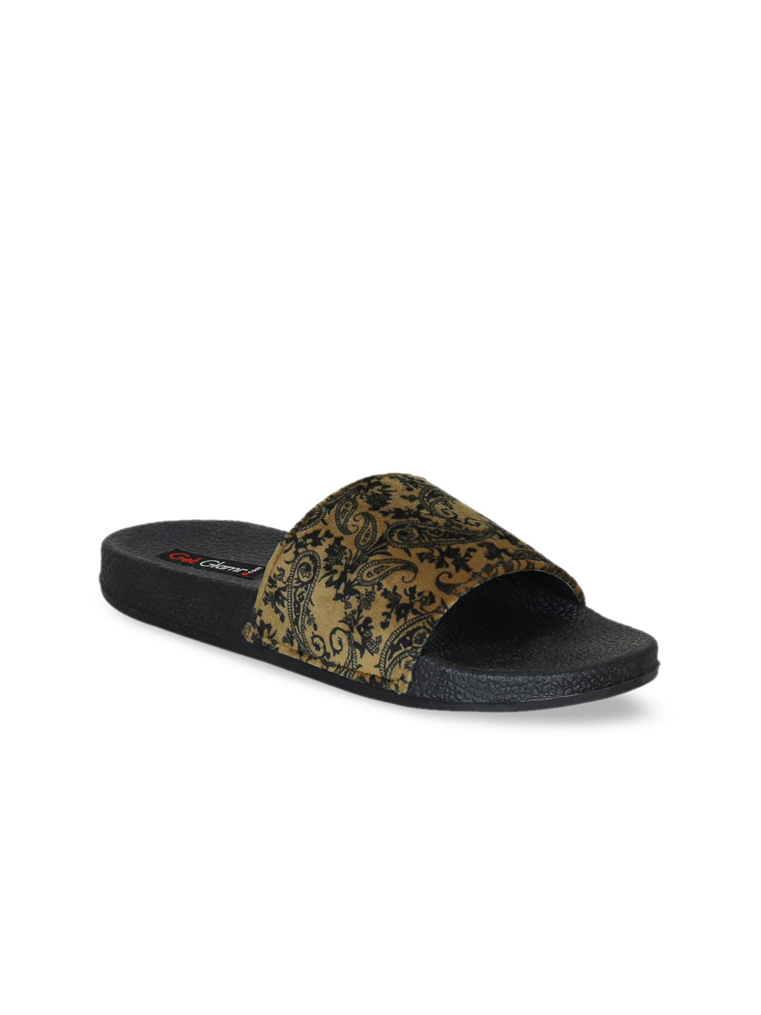 

Get Glamr Women Tan Printed Fabric Open Toe Flats