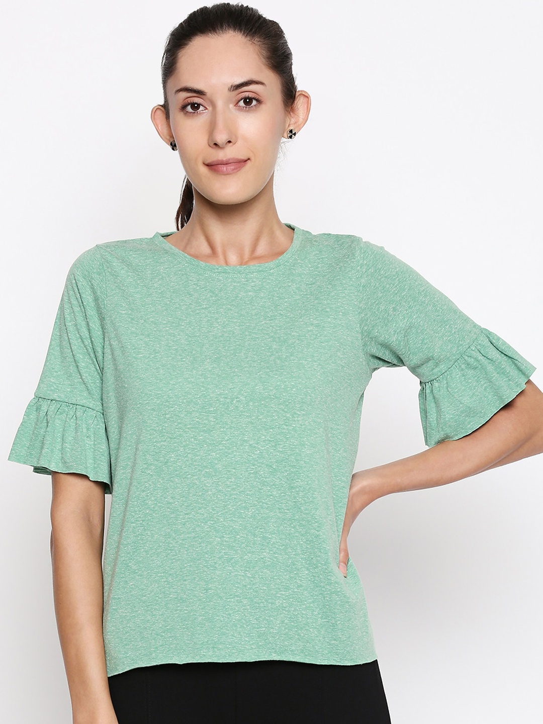 

People Green Bell Sleeves Pure Cotton Regular Top