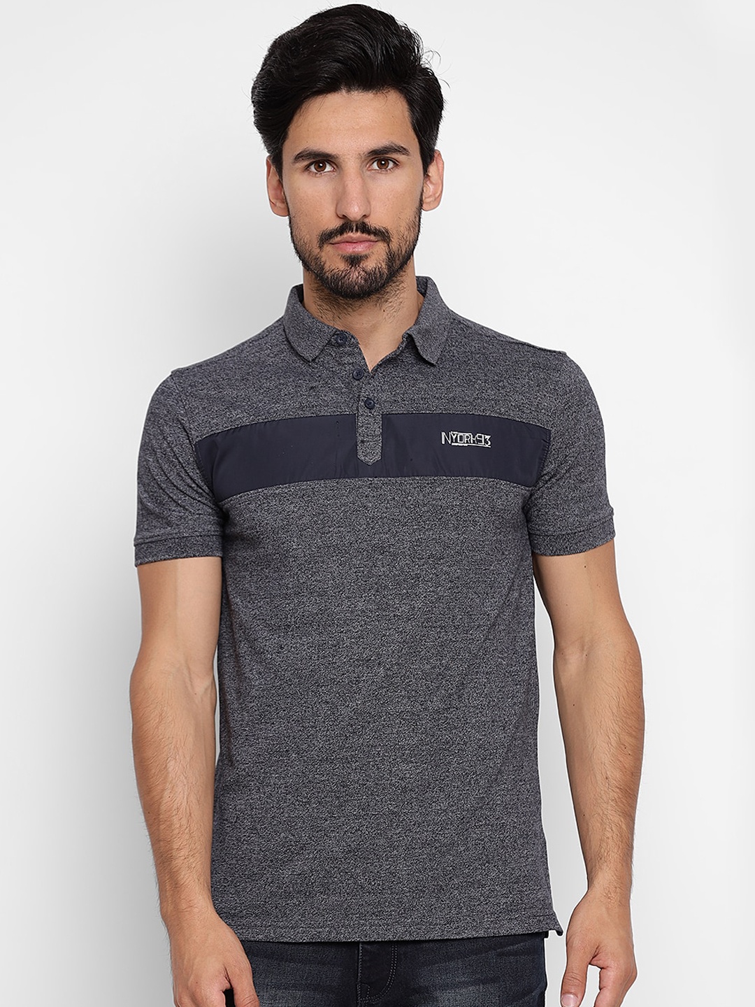 

Richlook Men Navy Blue Self Design Polo Collar T-shirt