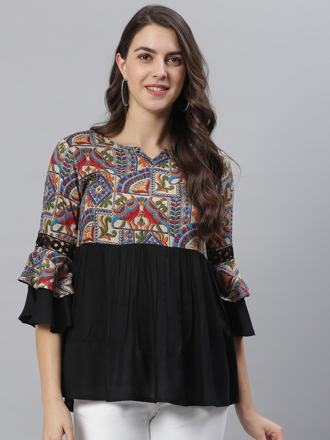 

Azira Multicoloured Ethnic Motifs Print Bell Sleeves A-Line Top, Multi