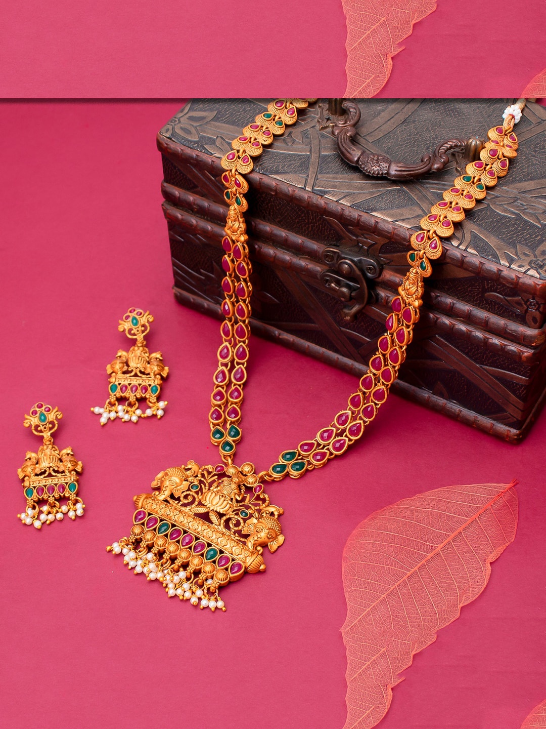 

Sukkhi Gold-Plated Pink & Green Stone-Studded & Pearl Beaded Bollywood Inspired Temple Jewellery Set