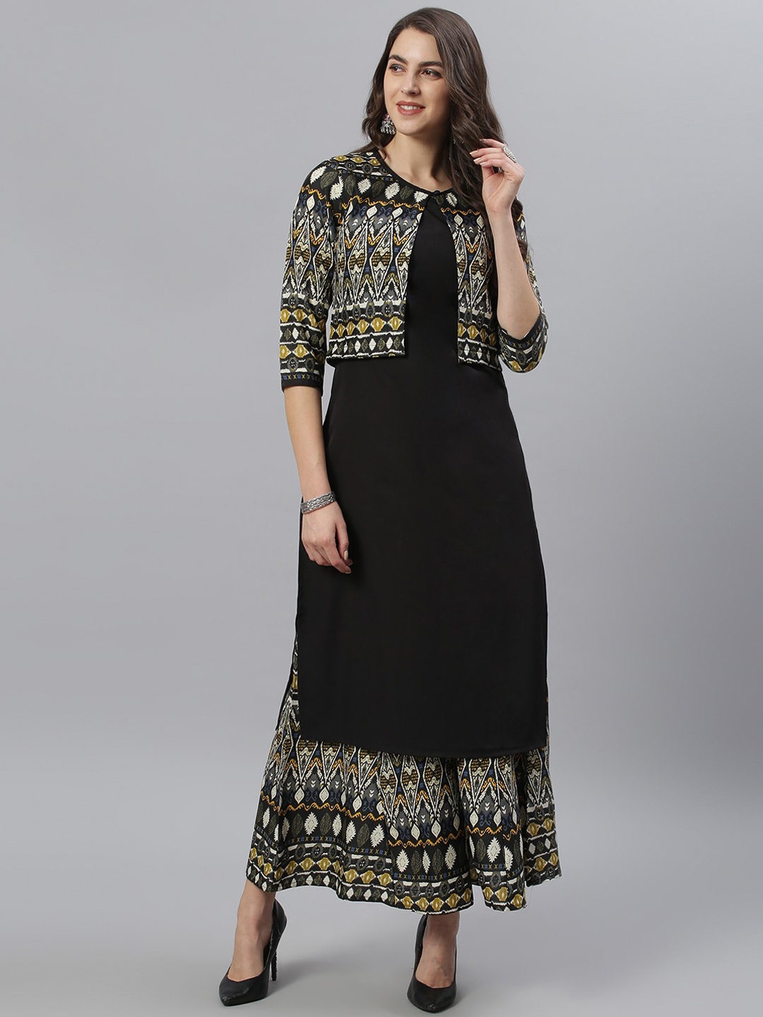 Azira Women Black & Grey Solid Kurta with Printed Palazzos & Ethnic Jacket