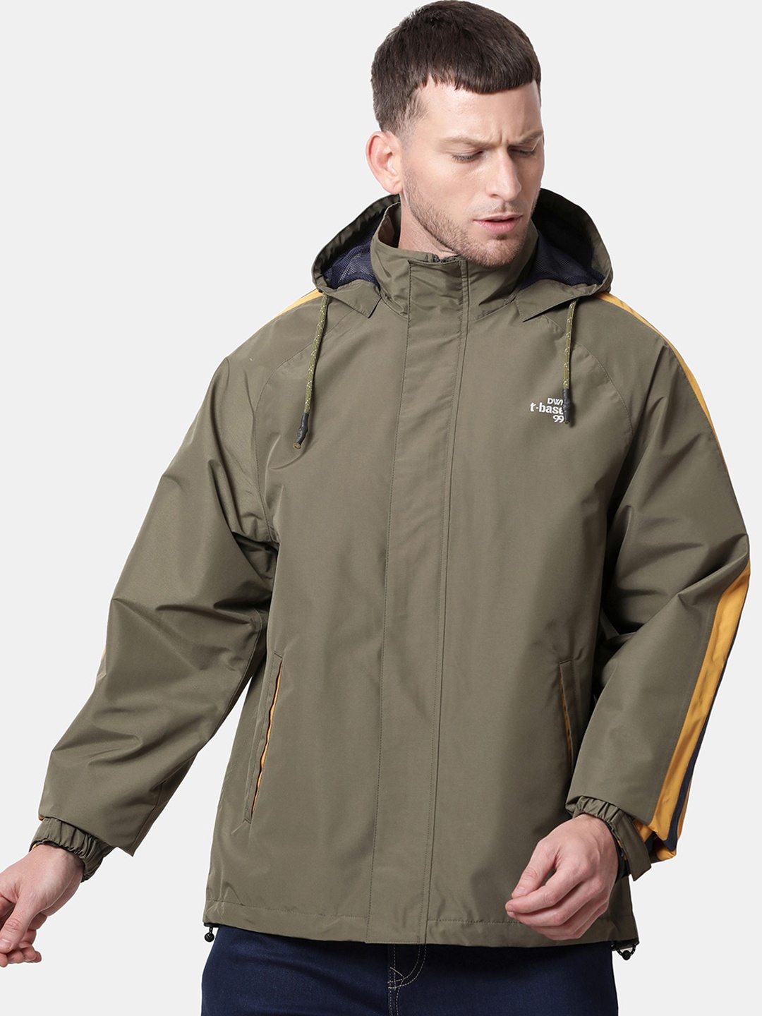 T-base Men Olive & Yellow Solid Waterproof Rain Jacket