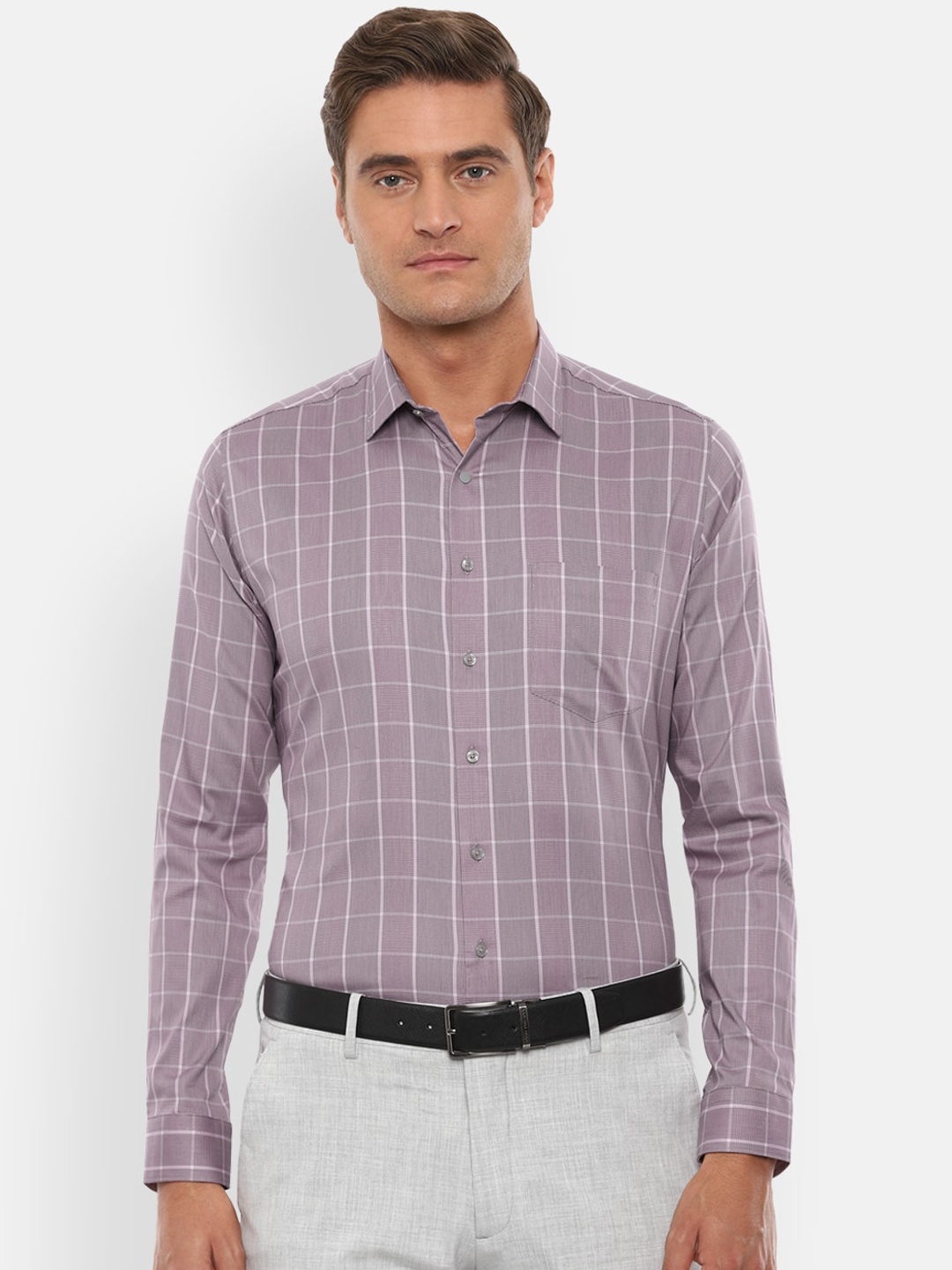 

Van Heusen Men Purple & Off-White Slim Fit Checked Formal Shirt
